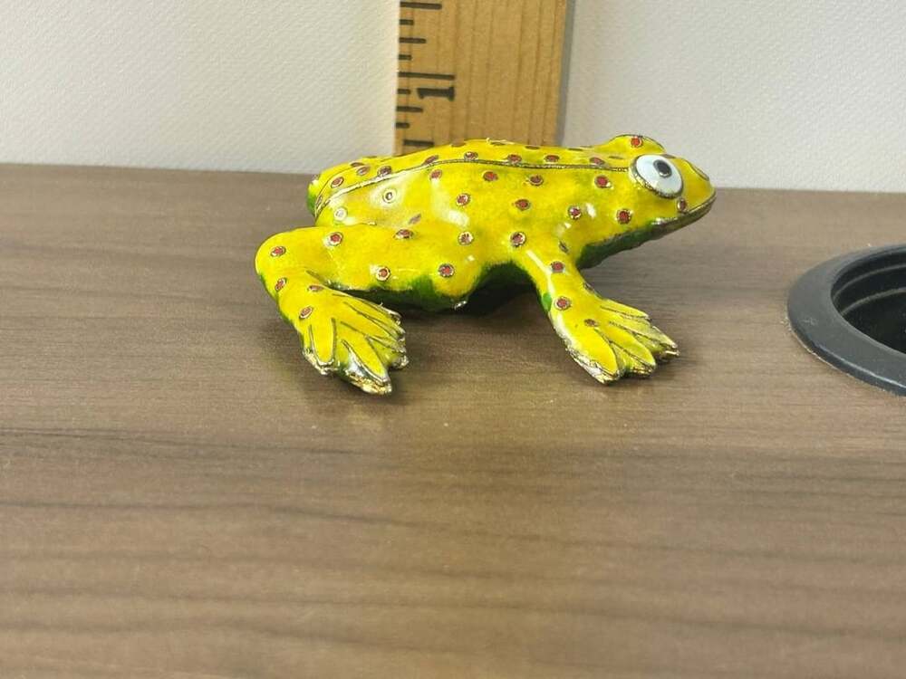 Yellow Green Cloisonne Enamel Frog Figurine Red Spots Gold Tone Metal Miniature